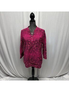 ANA Womens V-Neck Top Womens Size Large Fuchsia Black Patterned Colorful Casual